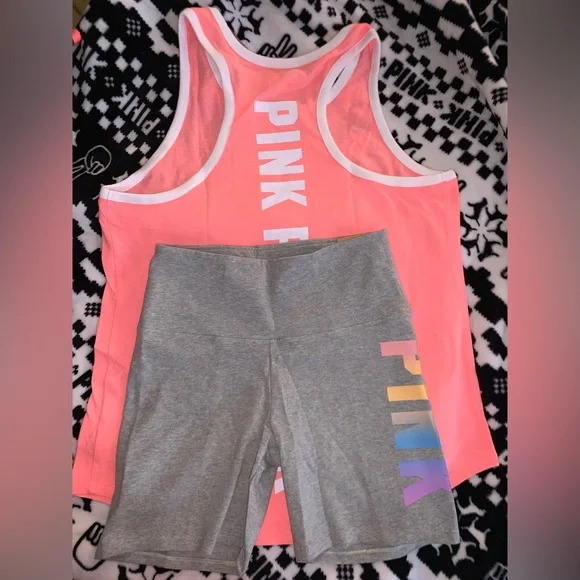 VS Pink 6” Cotton Biker Shorts Rainbow Gradient & Coral Flash Racerback Tank Top